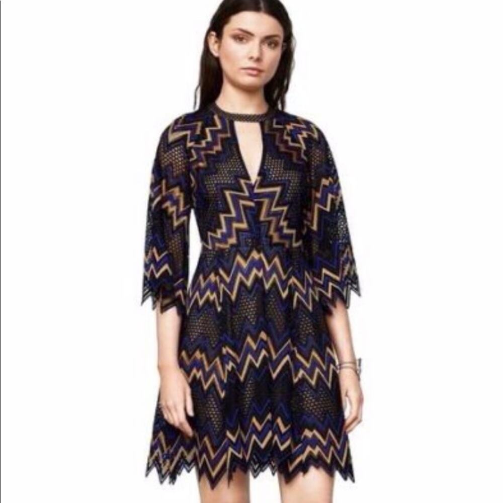 BCBGMAXAZRIA Selena Lace Dress 4 Chevron Stripe Open Back Blue Gold Black